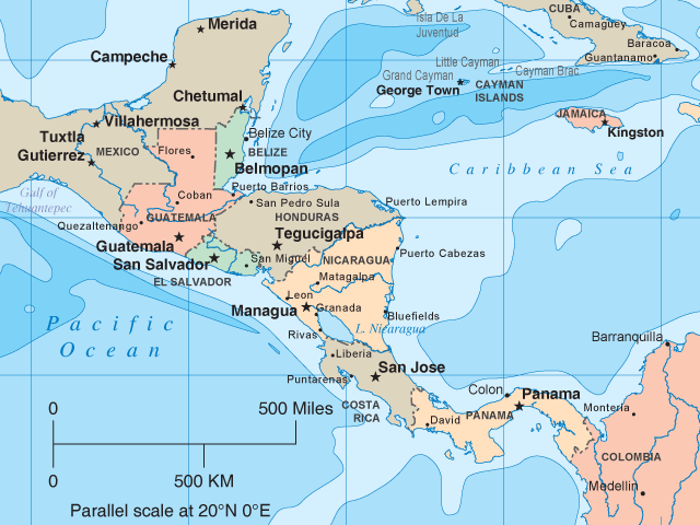 This next Central America map is a terrain map that shows the region's major 