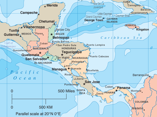 This next Central America map is a terrain map that shows the region's major