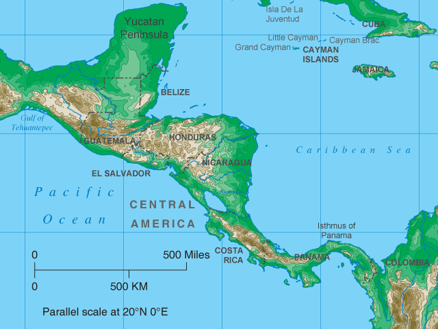 central america topographical map